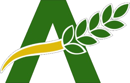 Green letter A crossed by a gold stalk of grain